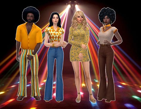 70s Outfits Sims 4, Sims 4 Cc 70s Clothes, Motel Dress, Sims 4 Decades Challenge, 70s Clothes, Disco Costume, Cc Clothes, Chanel Slingback, Pelo Sims