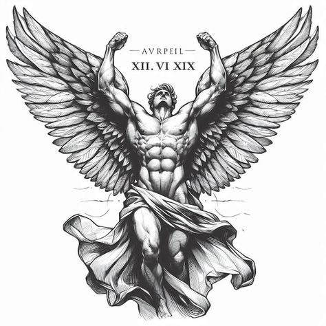 Man With Wings, Guardian Angel Tattoo Designs, Greek God Tattoo, Wing Tattoo Men, Strong Tattoos, Archangel Tattoo, Tattoo Catalog, Side Neck Tattoo, Surreal Tattoo