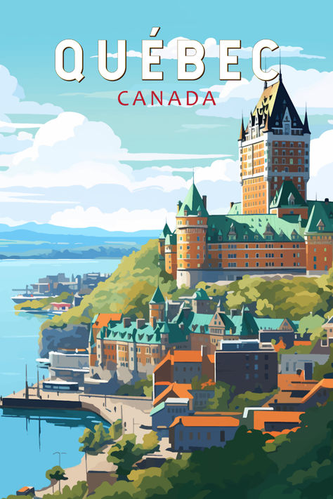 Retro art poster featuring the historic Old Quebec City with its charming streets and landmarks, rendered in a vintage style. Ideal for collectors and decor enthusiasts. Old Quebec City, Posters Canada, Vacation List, Travel Photo Album, Old Quebec, Global City, Around The World In 80 Days, Dream Vacations Destinations, Retro Travel Poster