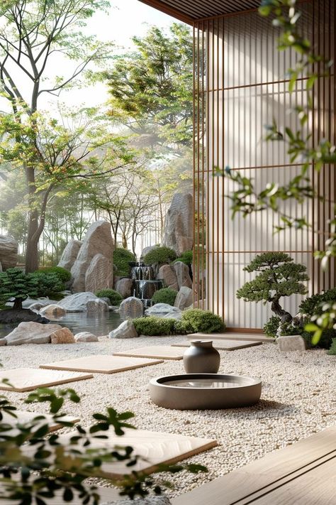 Japanese Backyard Ideas, Japandi Garden, Zen Garden Backyard, Tropical Courtyard, Small Bathroom Decorating Ideas, Minimalist Fall Decor, Japanese Garden Landscape, Dream Patio, Zen Garden Design