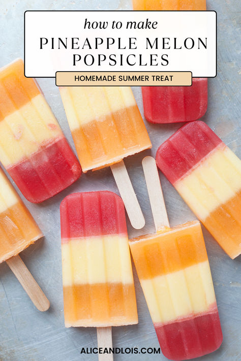 Try these Homemade Pineapple Melon Popsicles. These homemade popsicles are so delicious and make for a healthy summer treat. The kids will love these homemade fruit popsicles so much. A healthy alternative to a sugary store bought popsicle. Ice Popsicle Recipes, Pineapple Popsicles, Fruit Popsicle Recipes, Homemade Fruit Popsicles, Healthy Summer Treats, Ice Popsicle, Frozen Treats Recipes, Fruit Popsicles, Frozen Watermelon