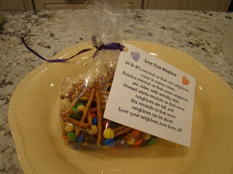 Parable of the Good Samaritan - "Love Your Neighbor" Snack Mix.  Purchase M & M's, raisins, pretzel sticks and Kix Cereal.   "M & M's remind us that our neighbors come in many colors.  Raisins remind us that some neighbors are older, with wrinkly skin.  Pretzel sticks remind us that some neighbors are tall, and Kix reminds us that some neighbors are short.  Love your neighbors, love them all!" Bible School Snacks, Sunday School Snacks, Kix Cereal, Sunday School Projects, The Good Samaritan, Pretzel Snacks, Preschool Bible Lessons, Love Your Neighbor, Bible Object Lessons