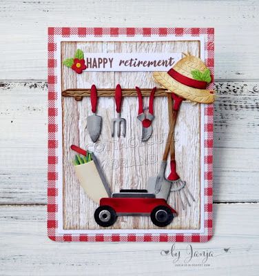 Janja's card using Garden Hat & Gloves, Gardening Tools & Lawnmower dies Retirement Cards Handmade, Flower Wall Hanging Decor, Room Hanging Decor, Diy Paper Wall Hanging, Wall Hanging Ideas, Flower Wall Hanging, Hanging Ideas, Paper Wall Hanging, Masculine Birthday Cards