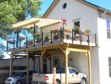 Carport deck on converted fire house in Dayton, Ohio. Porch Over Garage, Deck Over Garage, Mudroom Addition, Four Square Homes, Second Story Deck, Beach House Renovation, Carport Patio, House Awnings, Barn House Interior