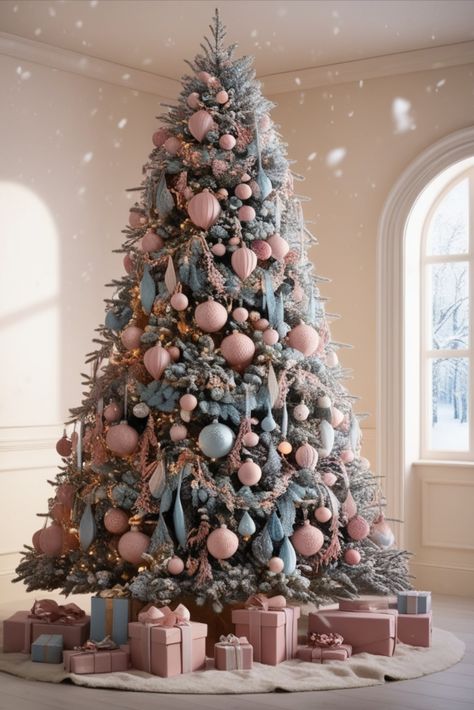 Bring a whimsical touch to your holiday decor with a cotton candy-themed Christmas tree! Learn how to blend blush pink and ice blue for a charming and dreamy display that delights everyone. Pink Blue Gold Silver Christmas Tree, Candy Themed Christmas Tree, Christmas Tree Color Schemes, Christmas Color Schemes, Pastel Christmas Tree, Color Christmas Tree, Christmas Tree Colour Scheme, Pastel Christmas Decor, Candy Christmas Tree