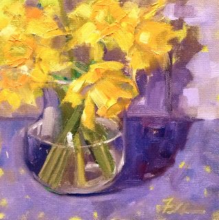 Ann Feldman | OIL | "Spring at Last" Violet Aesthetic, Sun Painting, Yellow Violet, Yellow Art, Purple And Yellow, White Horses, Soft Purple, Yellow Aesthetic, Pastel Purple