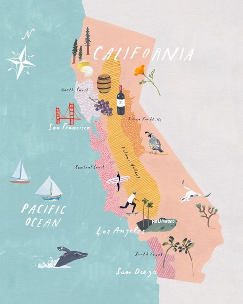 Maps Illustration Design, California Illustration, Wine Company, Travel Infographic, Posca Art, California Map, Travel Illustration, Illustrated Map, Travel Maps