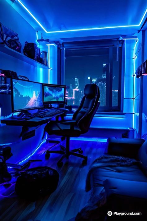 Streaming Room Aesthetic, Male Gamer Room, Blue Gamer Bedroom, Pc Setups Gaming, Dark Blue Game Room, Blue Gaming Room Setup, Cyberpunk Game Room, Black And Blue Gaming Setup, Guy Gaming Setup