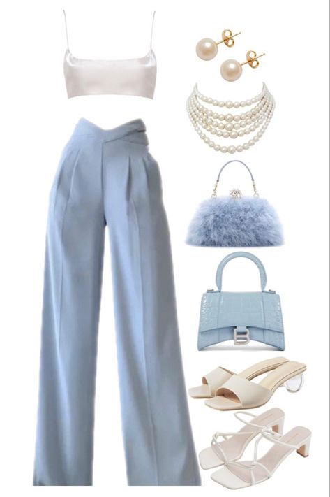 How To Style White Heeled Sandals, Dress Pants And Heels, Pearl Earring Outfit, Rich Mom Outfits Summer, Outfits With Blue Bag, Blue Outfit Board, Blue Classy Outfits, White Satin Top Outfit, Baby Blue And White Outfit