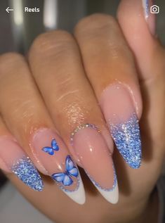 Blue Butterfly Nails Almond, Winter Butterfly, Nails With Blue, Almond Press On Nails, Almond Nail, Butterfly Nail, Nails Summer, Nail Pro, Blue Glitter