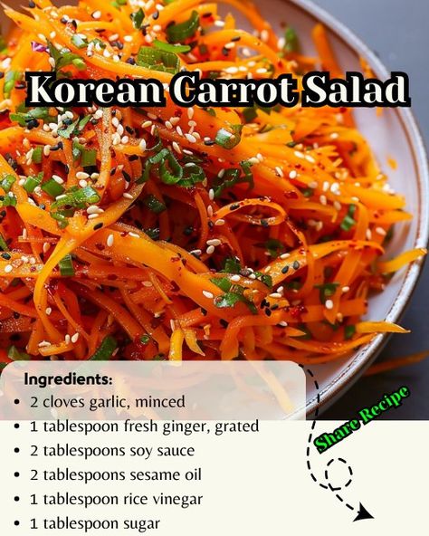 Japanese Carrot Salad, Healthy Korean Food Diet, Korean Carrot Salad Recipe, Korean Slaw Recipes, Raw Carrot Recipes, Asian Carrot Salad, Fresh Carrot Recipes, Korean Recipes Vegetarian, Korean Salads