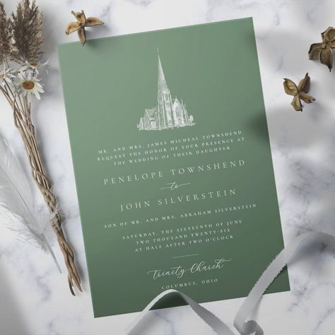 Elegant Church Illustration Green Formal Wedding  Invitation Church Illustration, Formal Wedding Invitation, Formal Wedding Invitations, Destination Wedding Ideas, Church Wedding, Formal Wedding, Beautiful Things, Wedding Invitation, Destination Wedding