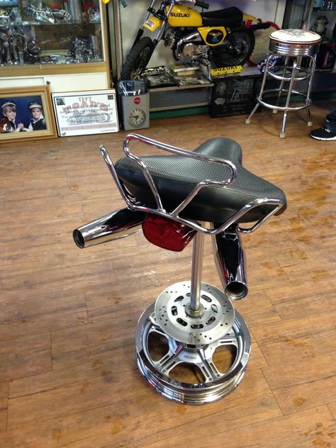 Custom motorcycle stool Motorcycle Clubhouse Interior, Motorcycle Bar Ideas, Funky Stools, Motorcycle Man Cave Ideas, Motorcycle Furniture, Motorcycle Room, Greg Girard, Racing Room, Basement Man Cave