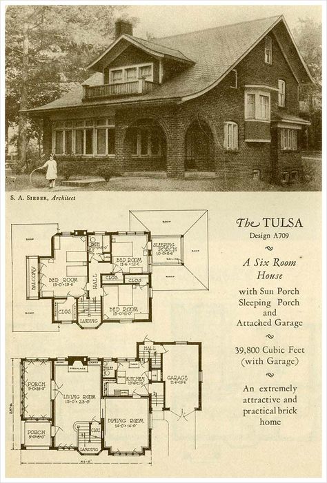 S. A. Sieber The Tulsa from 1927. Adorable brick house with sun porch, sleeping porch, and attached garage. Brick House Plans, Antique Homes, Vintage Floor Plans, Brick Houses, Sleeping Porch, Vintage House Plans, Bungalow House Plans, Craftsman Bungalows, Bungalow House