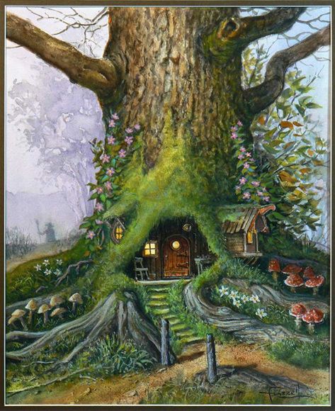 Magical Tree, Storybook Art, Lotr Art, Tree Home, Fairy Artwork, Cottage Art, Tree Drawing, Ap Art, Ethereal Art