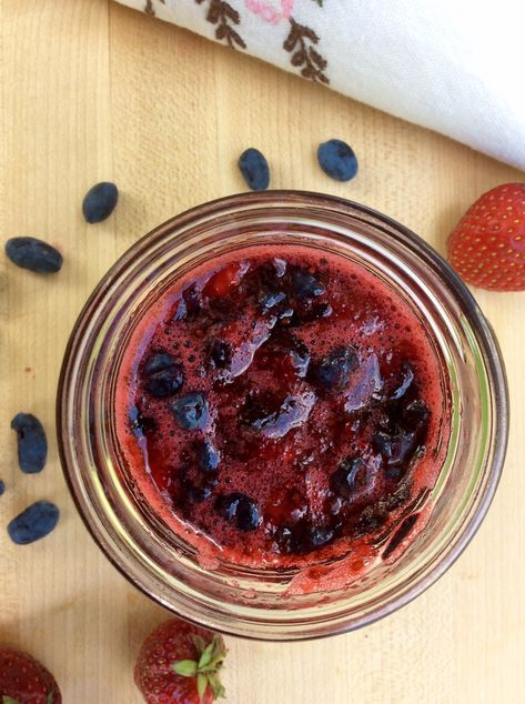 Haskap Jam-Haskap Strawberry Freezer Jam - Simple Local Life Haskap Jam Recipe, Haskap Jam, Huckleberry Jam, Recipes For Diabetics, Strawberry Freezer Jam, Foraging Recipes, Freezer Jam, Rhubarb Jam, Berries Recipes