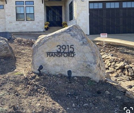 Boulder House Number, Stone Address Marker Rocks, Dirt Road Driveway Entrance, Boulder Address Sign, Curb Appeal Driveway Entrance, Address Rock Landscaping, House Number On Rock Ideas, Address Rocks Front Yards, Address On Rock