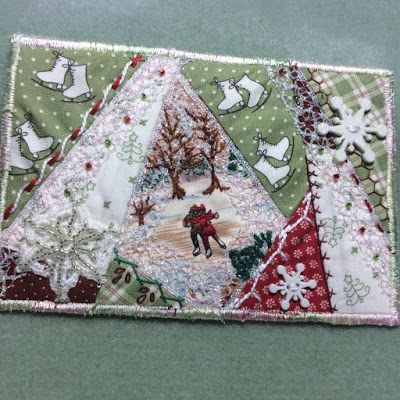 Crazy Quilt Christmas Tree Skirt, Christmas Crazy Quilt, Postcard Quilts, Fabric Christmas Cards, Quilted Postcards, Crafty Christmas Gifts, Postcard Ideas, Applique Wall Hanging, Sew Projects