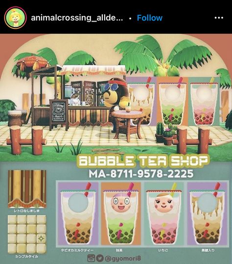 Bamboo Noodle Slide Animal Crossing, Acnh Bubble Tea Shop, Acnh Boba Shop Designs, Boba Stall Acnh, Animal Crossing Bubble Tea, Acnh Boba Truck, Animal Crossing Boba Stand, Animal Crossing Boba Shop, Acnh Tea Shop