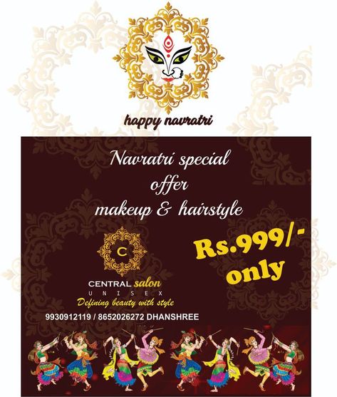 Navratri Special Offer for makeup and hairstyle at just Rs.999/-
Book your appointment now or call us at 9930912119 Navratri Makeup Offer Poster, Navratri Offer For Salon, Navratri Offer Poster, Diwali Offer Poster, Beauty Parlour Offer Poster, Navratri Offer, Offer Poster, Beauty Package, Makeup Poster