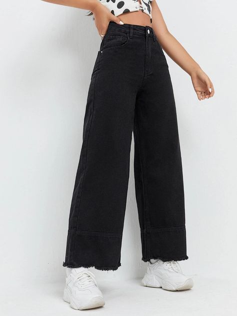 High Waist Wide Leg Jeans | SHEIN USA Black Wide Leg Jeans Outfit, Jeans Top Design, Jean Zara, Black Wide Leg Jeans, Straight Leg Jeans Outfits, Wide Leg Jeans Outfit, Outfits Con Jeans, High Waist Wide Leg Jeans, Cotton Saree Designs