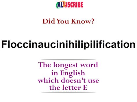 #DidYouKnow?  The longest word in English which doesn’t use the letter E is “floccinaucinihilipilification”.  #Alphabet #EnglishWord #WordFact #AlphabetFact #InterestingFact #Article #Writing #WritingScience English Facts, Longest Word In English, Word In English, Word F, Longest Word, Anniversary Wishes, Wow Facts, Writing Challenge, Animal Facts