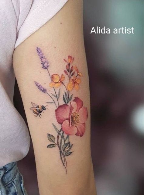 Flower Forearm Tattoo Color, Wildflower Tattoo Forearm Color, Small Wildflower Tattoo Color, Colorful Bouquet Tattoo, Floral Garden Tattoo, Color Wildflower Tattoo, Color Flower Tattoos For Women, Flower Bouquet Tattoo Color, Flower Garden Tattoo