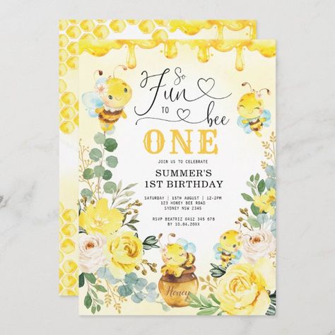 Create your own Invitation | Zazzle Fun To Bee One, Sweet To Bee One, Summer Birthday Invitations, 1st Birthday Girl Decorations, 1st Birthday Party For Girls, Bee Birthday Party, Yellow Birthday, 1st Birthday Party Invitations, First Birthday Party Themes