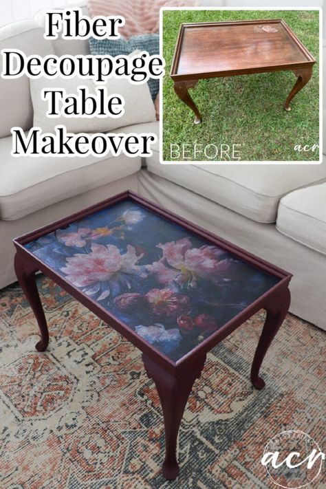 Decoupage Fiber Paper for this old table makeover creates a gorgeous new look! artsychicksrule.com Decoupage Side Table, Old Table Makeover, Decoupage Coffee Table, Decoupage Table, Coffee Table Designs, Furniture Decoupage, Expand Furniture, Diy Table Top, Old Table