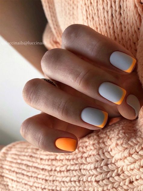 7. Grey and Orange Neon Nails No one could go wrong with a French nail design. But instead of just simple French nail, try... Grey And Orange, Nails 2022, Gray Nails, White Nail, Neon Nails, Orange Nails, Beautiful Nail Art, Chic Nails, Matte Nails