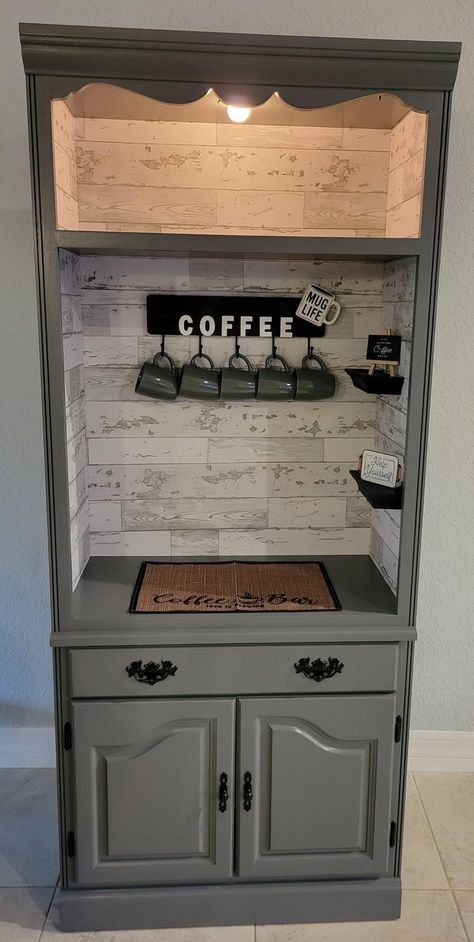 Diy Coffee Bar Corner Cabinet, Repurpose Armoire, Tv Armoire Repurposed Coffee Bar, Coffee Bars Made From Old Hutches, Diy Coffee Bar From Old Dresser, Coffee Bar Ideas Diy Armoires & Wardrobes, Armoire Coffee Bar, Basement Bar Area, Coffee/wine Bar