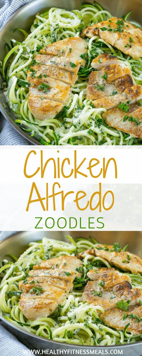 Skip the pasta and make these Chicken Alfredo Zoodles instead! They are low in carb, filling, makes for a perfect weeknight dinner and ready in under 30 minutes. | Low Carb Italian | Low Carb Pasta | Zucchini Recipe | Healthy Fitness Meals #lowcarbitalian #zoodles #zucchinirecipe via @healthyfitnessmeals Alfredo Zoodles, Healthy Chicken Alfredo, Zoodles Recipe, Low Carb Healthy, Zucchini Recipes Healthy, Fitness Meals, Zoodle Recipes, Chicken Alfredo Recipes, Healthy Fitness Meals