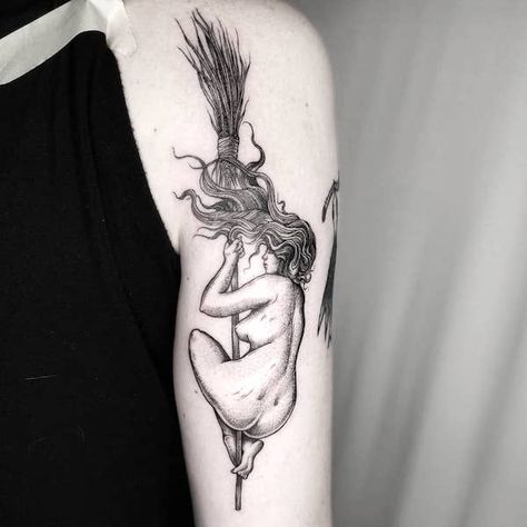 Witch On Broomstick Tattoo, Witch Riding Broom Tattoo, Witch Broomstick Tattoo, Black Magic Tattoo Ideas, Naked Witch Tattoo, Witch On Broom Tattoo, Flying Witch Tattoo, Moon Witch Tattoo, Tiny Witch Tattoo