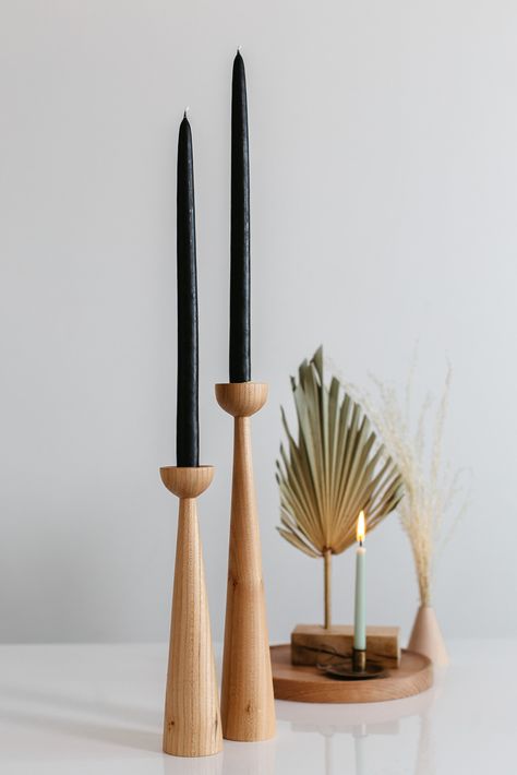 "MAKA HOME CLASSIC AND MODERN OAK CANDLE STICKS SET. It is absolutely unique piece of design, that will make an ideal gift for yourself and your loved ones. This listing is for a set of 2.(a combination of small and large candlesticks) *Each candlestick is hand turned. *Each piece is unique and may vary slightly from the photo. *Crafted from baltic oak wood. *For indoor use only. *Wood surfaces treated with Eco Weib Oil are slip resistant and anti-static. (ÖNORM S 1555, EN 71-3, A+) Dimensions S Boho Ikea, Contemporary Candles, Wooden Candlestick, Beeswax Taper Candles, Foldable Furniture, Wood Candle Holder, Beeswax Tapers, Wood Items, Home Classic