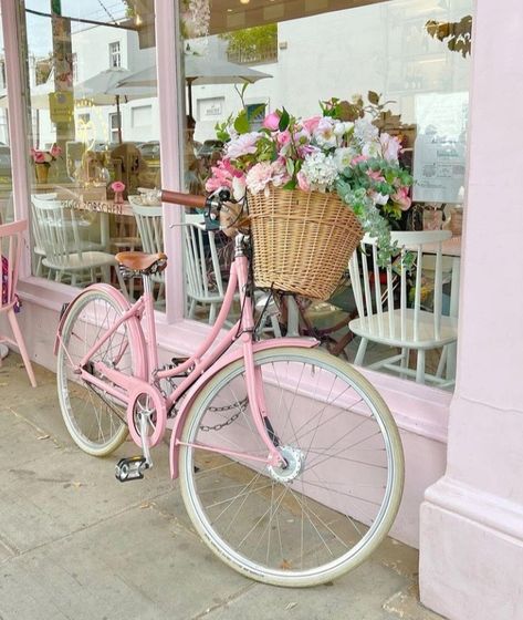 Cottagecore Bike, Annaliese Core, Cute Bikes, Coastal Princess, Pink Moped, Bicycle Aesthetic, Aesthetic Bike, Pink Prints, Bike With Basket