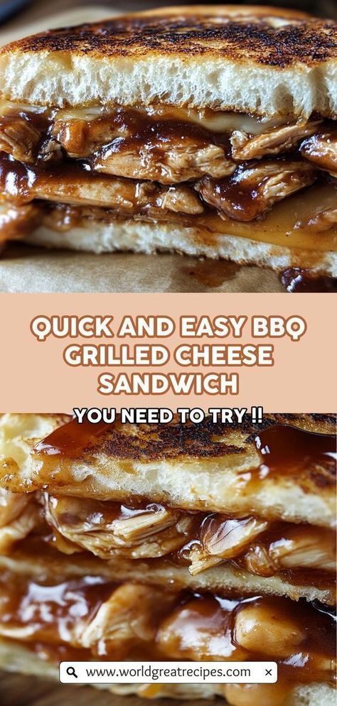 Indulge in the ultimate comfort food with our BBQ Chicken Grilled Cheese recipe. This delightful sandwich features juicy chicken coated in tangy barbecue sauce, layered with creamy cheddar cheese, all grilled to perfection on thick-cut bread. It’s the ideal meal for any time of the day! Whether you’re entertaining guests or enjoying a quiet night in, this cheesy BBQ chicken sandwich will satisfy your cravings and leave you wanting more. Get ready to savor every delicious bite! Bbq Chicken Grilled Cheese, Chicken Grilled Cheese, Quick Easy Family Meals, Grilled Cheese Recipe, Bbq Chicken Sandwich, Food Bbq, Chicken Grilled, Grilled Bbq Chicken, Easy Bbq