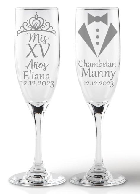 PRICES MAY VARY. Set of 2 laser engraved champagne flutes made specifically for your special day. The glasses we have chosen for use are proudly engraved in our West Virginia shop. Please note: Text in images appear a bit darker so you can more easily see the engraving. The finished product will appear frosted where engraved. Quince Cups, Quince Planning, Engraved Champagne Flutes, Gold Champagne Flutes, Cup Gift Set, Quince Ideas, Toasting Flutes, Prom Ideas, Wedding Anniversary Party