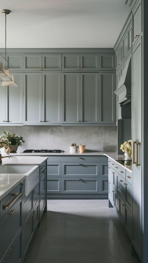 Kitchen Cabinet Color 25 Ideas: Transform Your Space with Vibrant Choices Green Gray Cabinet, Kitchen With Gray Countertops, Gray Kitchen Countertops, Boho Palette, Dark Brown Floor, Cabinet Color Ideas, Kitchen Cabinet Color, Kitchen Cabinet Color Ideas, Grey Countertops