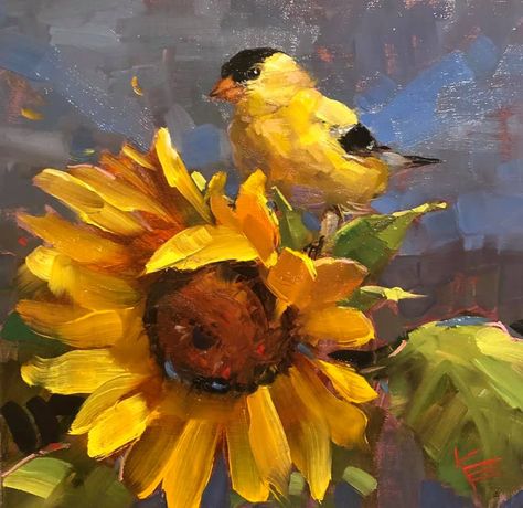 Krista Eaton ‘Goldfinch & Sunflower’ 10”x10” oil on linen board Sunflower Paintings, Sunflower Festival, Sunflower Artwork, Painting Birds, Wildflower Paintings, Artistic Ideas, Sunflower Pictures, Amazing Artists, Watercolor Tips