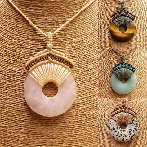 Macrame gemstone donut pendants available in my Etsy shop. They look great on their own or combined with other necklaces for a cool layered… Words Jewelry, Donut Jewelry, Macrame Gemstone, Gem Hunt, Vintage Jewelry Diy, Macrame Necklaces, Wire Wrapped Stone Jewelry, Macrame Bracelet Patterns, Mala Jewelry