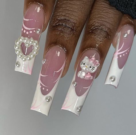 Hello Kitty Flower Nails, White Hello Kitty Nails, Hello Kitty Gel Nails, Nails With Hello Kitty Charms, Hello Kitty Nail Designs, Hello Kitty French Tip Nails, Hello Kitty Charm Nails, Hello Kitty Nails Charms, Pink Hello Kitty Nails