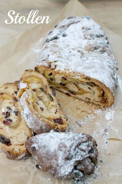 Stollen is a fruited yeasted bread with marzipan in the centre, traditionally enjoyed in Germany at Christmas that can often be bought at Christmas markets. Christmas Stollen Recipe, Stollen Bread, Christmas Stollen, Stollen Recipe, German Pastries, German Bakery, German Cooking, German Baking, Christmas Bread