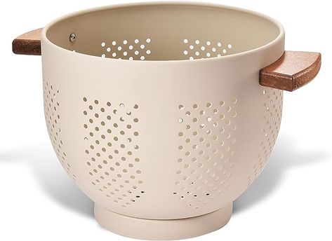 Amazon.com: Metal Colander with Wood Handle and Stable Base, Powder Coated Steel Kitchen Strainer Basket for Draining Pasta, Vegetable and fruit (7 quart, Sand Yellow): Home & Kitchen Kitchen Strainer, Vegetable And Fruit, Food Strainer, Sponge Holder, Large Kitchen, Wooden Kitchen, Steel Kitchen, Kitchen Handles, Kitchen Utensils Gadgets