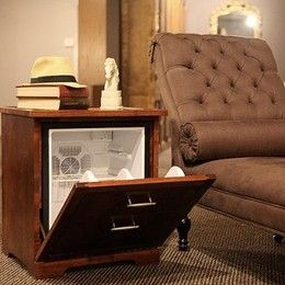 If there was ever a thing as an elegant Mancave, this would be cool in it.... Not sure if I want one, but I'm sure guys love this!  More beer! Man Cave Furniture, Man Cave Accessories, Man Cave Home Bar, Wood End Tables, Old Kitchen, Mini Fridge, Home Gadgets, Bars For Home, End Table