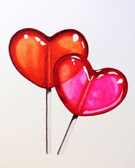 Watercolor Art Realistic, Lolipop Art, Watercolor Kawaii, Watercolor Step By Step, Kawaii Watercolor, Watercolor For Beginners, Candy Drawing, Watercolor Valentine, Kawaii Heart