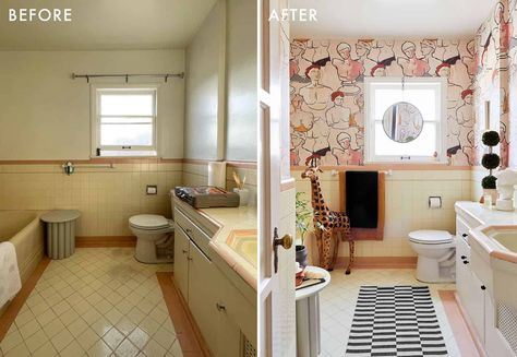 Caitlin's First MOTO Reveal - A Vintage Bathroom Gets A Modern Update - Emily Henderson 1960 Bathroom Remodel, 1960 Bathroom, Retro Bathroom Ideas, Vintage Bathroom Remodel, Vintage Bathroom Tile, Retro Bathrooms, Bathroom Images, Emily Henderson, Gorgeous Bathroom