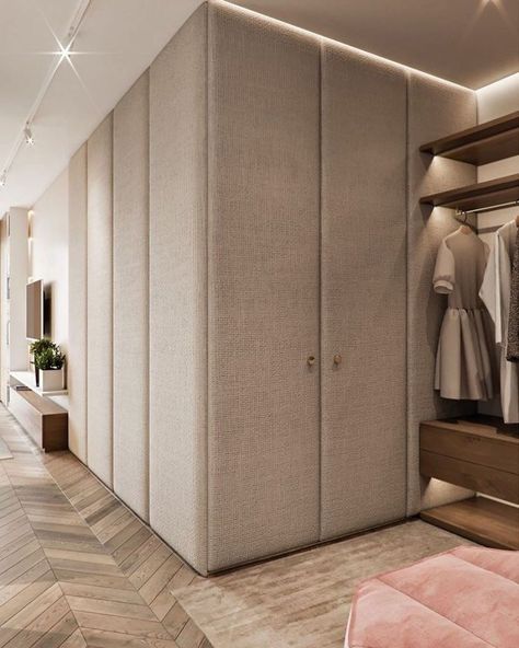 Upholstered Closet Wardrobe Makeover Ideas, Bedroom Closet Doors, Dressing Room Closet, Upholstered Walls, Luxury Closets Design, Wardrobe Makeover, Wardrobe Interior Design, Dream Office, Bedroom Closet Design