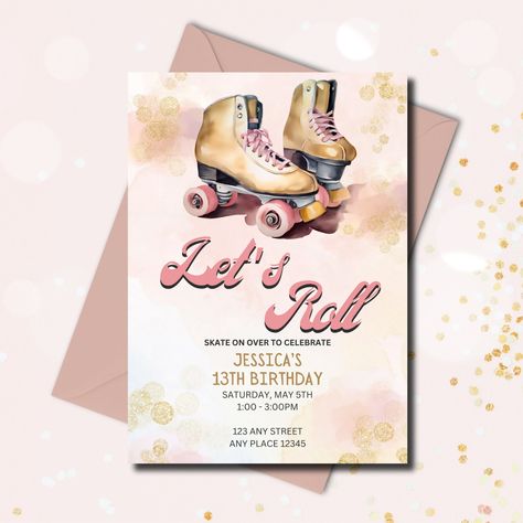 Roller Skating Party Invitations, Retro Roller Skating, Roller Skating Birthday Party, Roller Skating Birthday Invitations, Roller Skate Birthday Party, Pink Roller Skates, Skate Birthday Party, Skating Birthday Party, Roller Skate Birthday