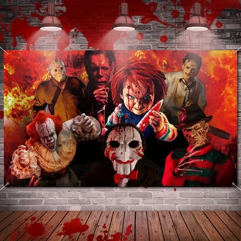 Classic Scary Movies, Movie Party Decorations, Happy Birthday Halloween, Horror Birthday, For Birthday, Character Background, Decor For Birthday, Scary Backgrounds, Movie Birthday Party