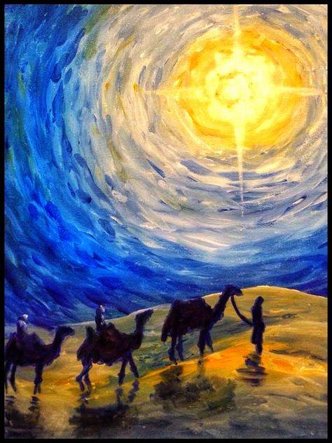 Famous Christmas Paintings, Simple Nativity Art, Three Wise Men Painting, Three Wise Men Art, 3 Wise Men Painting, Advent Painting, Easy Nativity Painting, Wise Men Painting, Simple Nativity Painting